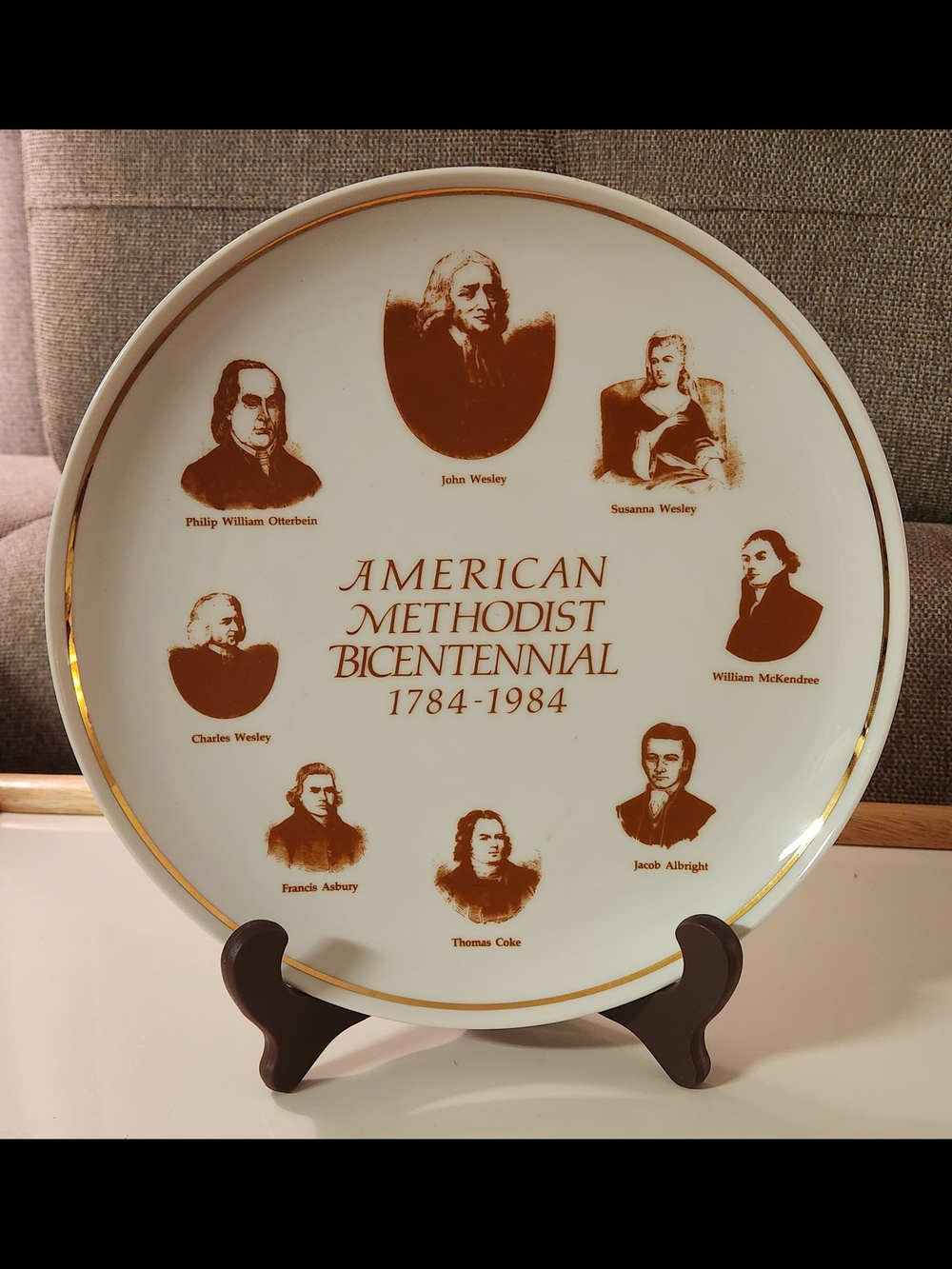 Source Unknown White and Gold American Methodist Bicentennial Decorative Plate